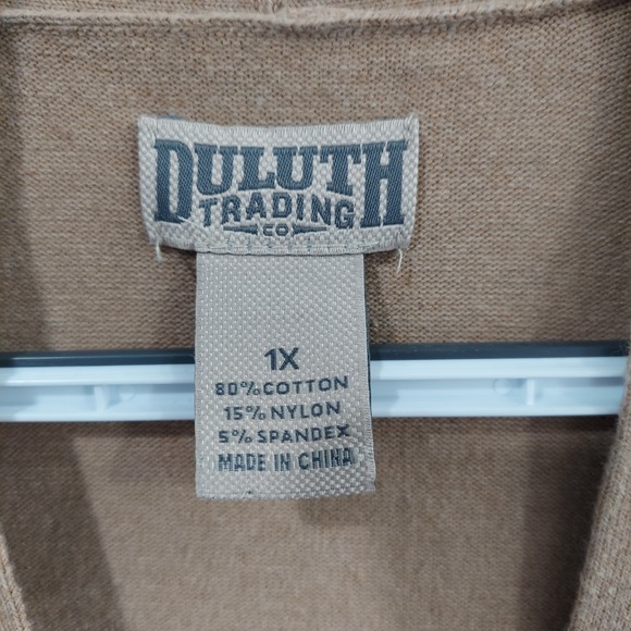 Duluth Trading Longline Cardigan Womens 1X Tan Navy Striped Open Front Preppy - Picture 4 of 13